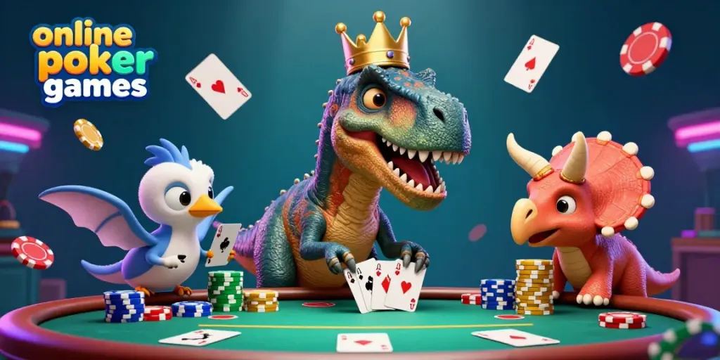 Play lively online poker games with a playful dinosaur scene featuring poker chips and cards.
