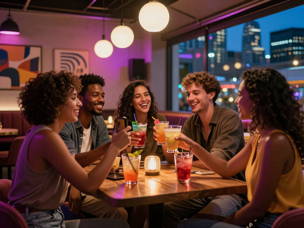 Stylish friends celebrating at trendy bar with cocktails representing sluts ai night out experience.