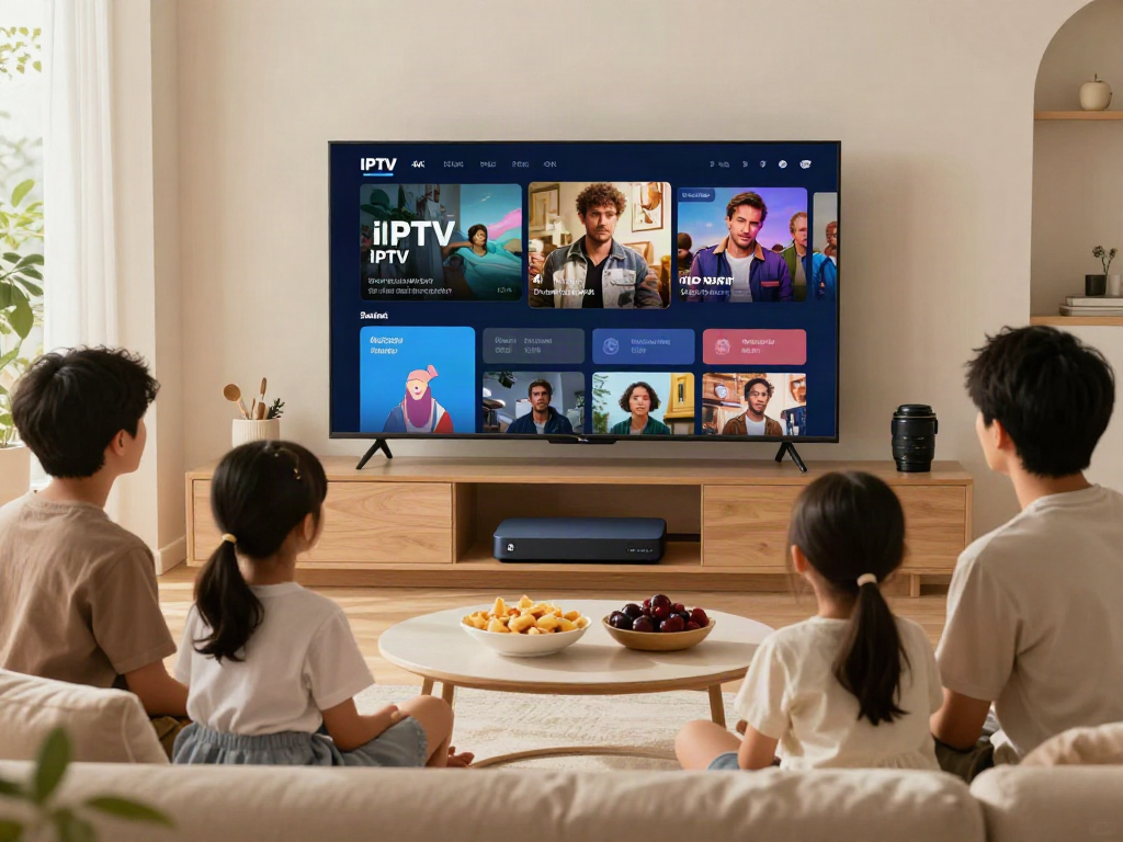 A family enjoying an abbonamento iptv experience while watching a movie on a smart TV in their cozy living room.