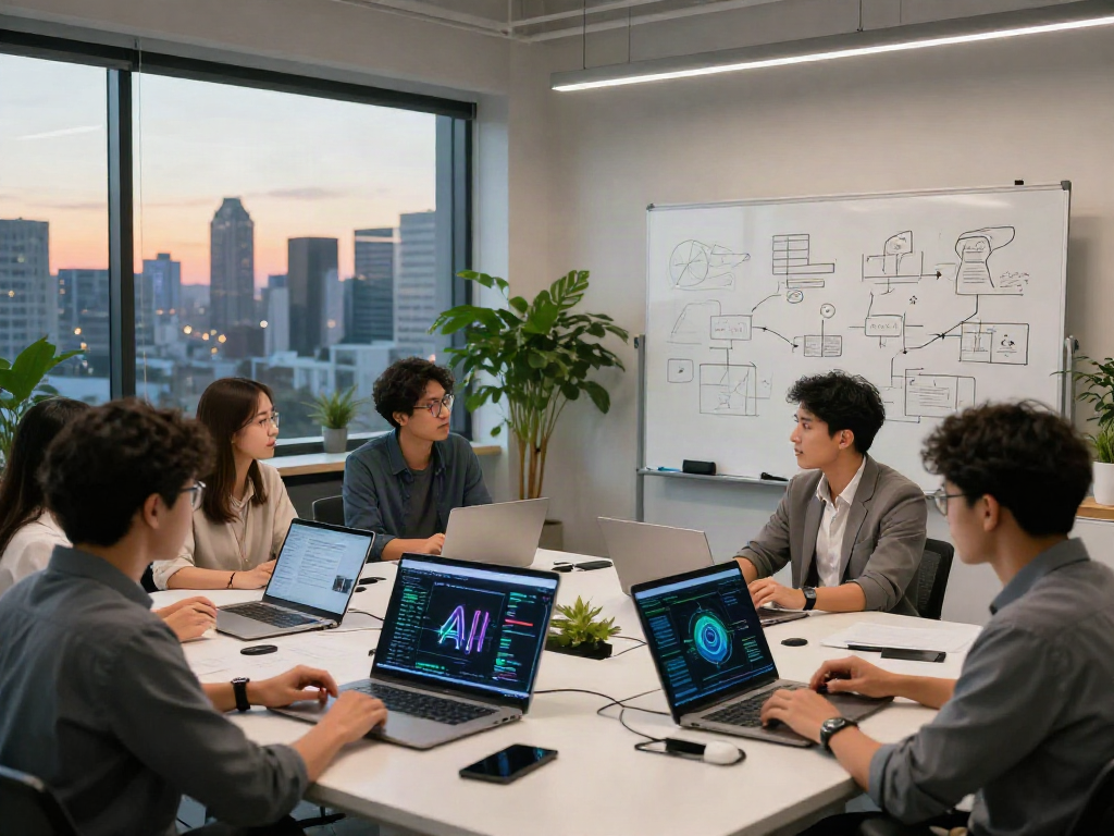 Engaged professionals discussing ai gf concepts in a dynamic workspace.