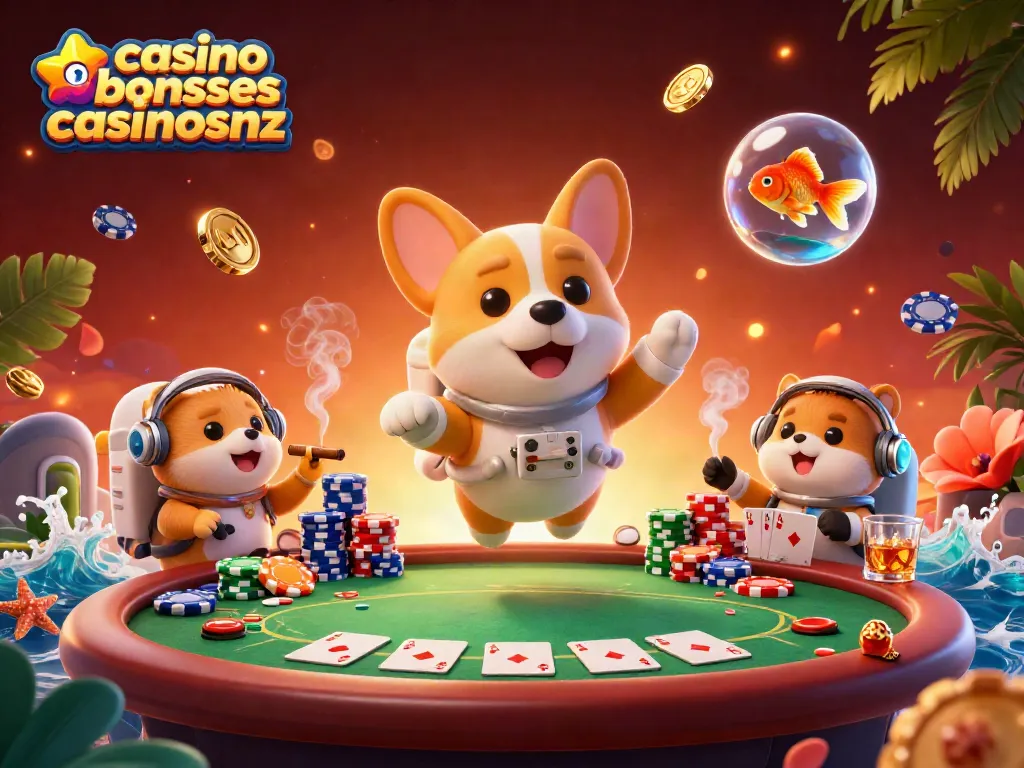 Engage with exciting casino bonuses casinosnz inside a space station casino scene featuring a corgi, hamster, and goldfish.