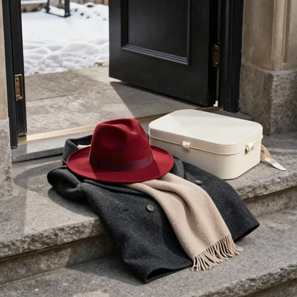 Fedora rosso, sciarpa e cappotto su pianerottolo di pietra, luce invernale calda.