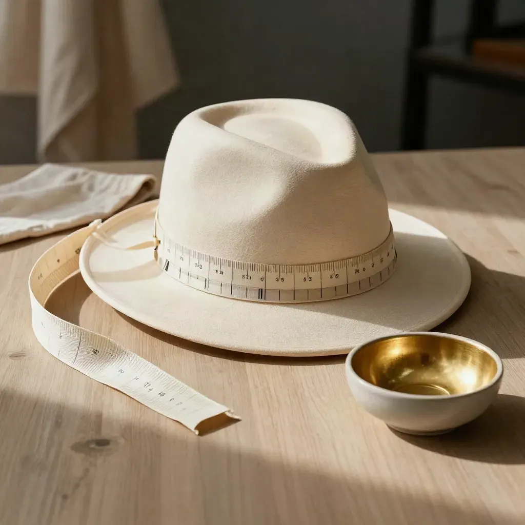 Nastro da sarta avvolto su blocco per cappelli con lino e ciotola ceramica