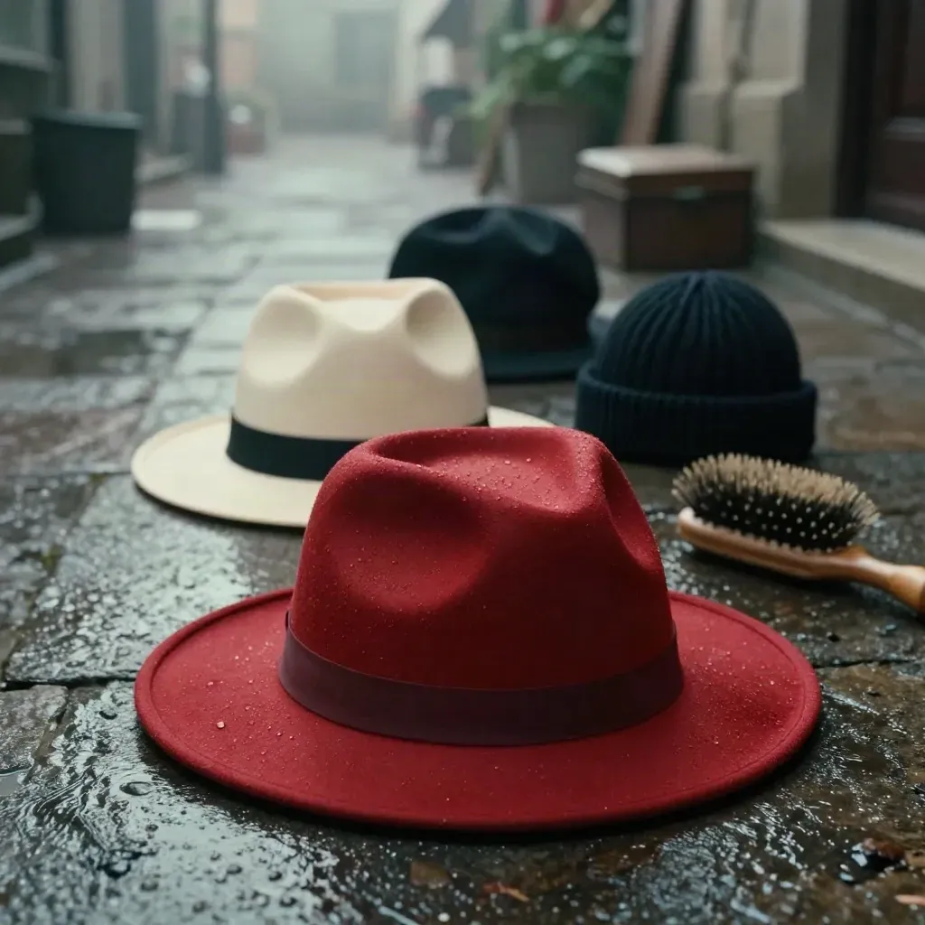 Fedora rosso in primo piano con cappello di paglia, basco, beanie e accessori su pietra bagnata all’alba