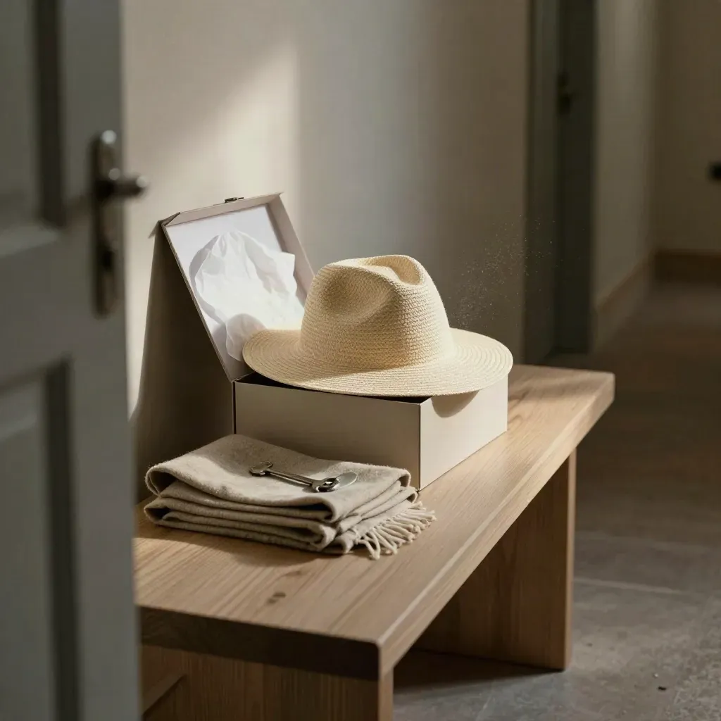 Scatola regalo aperta con cappello di paglia crema, sciarpa piegata e vassoio ceramico su panca d’hotel.