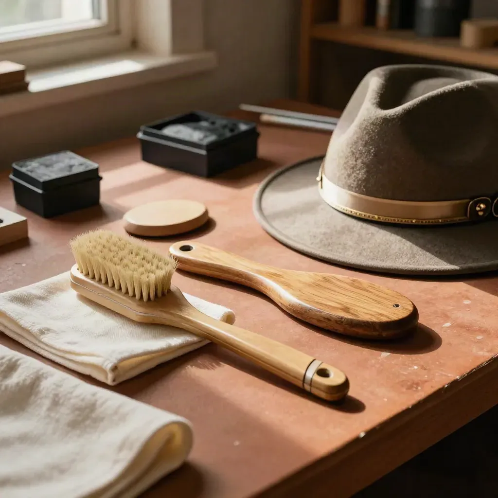 Kit cura cappello con spazzola, panno, forma in legno, scatola rigida e feltro su banco caldo.