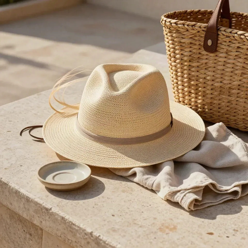 Cappello di paglia crema, borsa intrecciata e lino su terrazza di pietra chiara al tramonto.