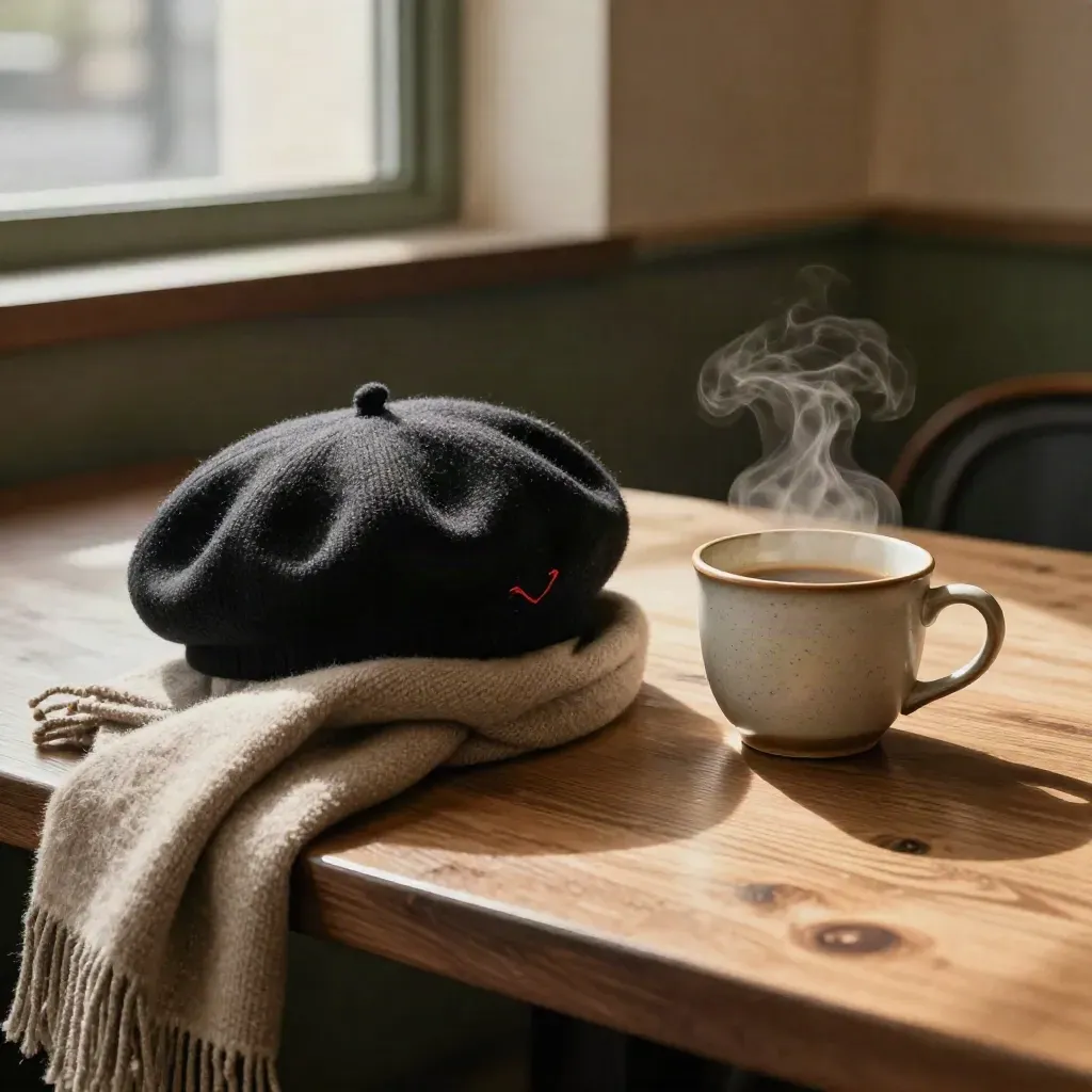 Berretto scuro ricamato, sciarpa in lana e tazza fumante su tavolino di café.