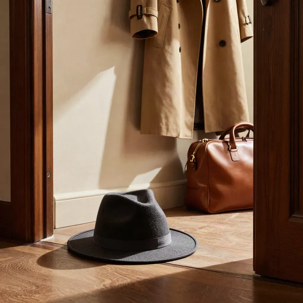 Cappello a tesa corta in feltro scuro, trench e borsa in pelle in una soglia luminosa.