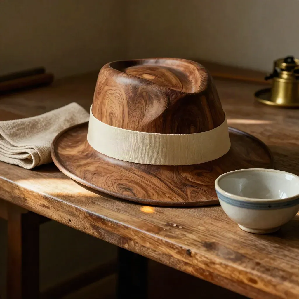 Blocco cappello in legno con nastro misura, panno e ciotola in atelier luminoso