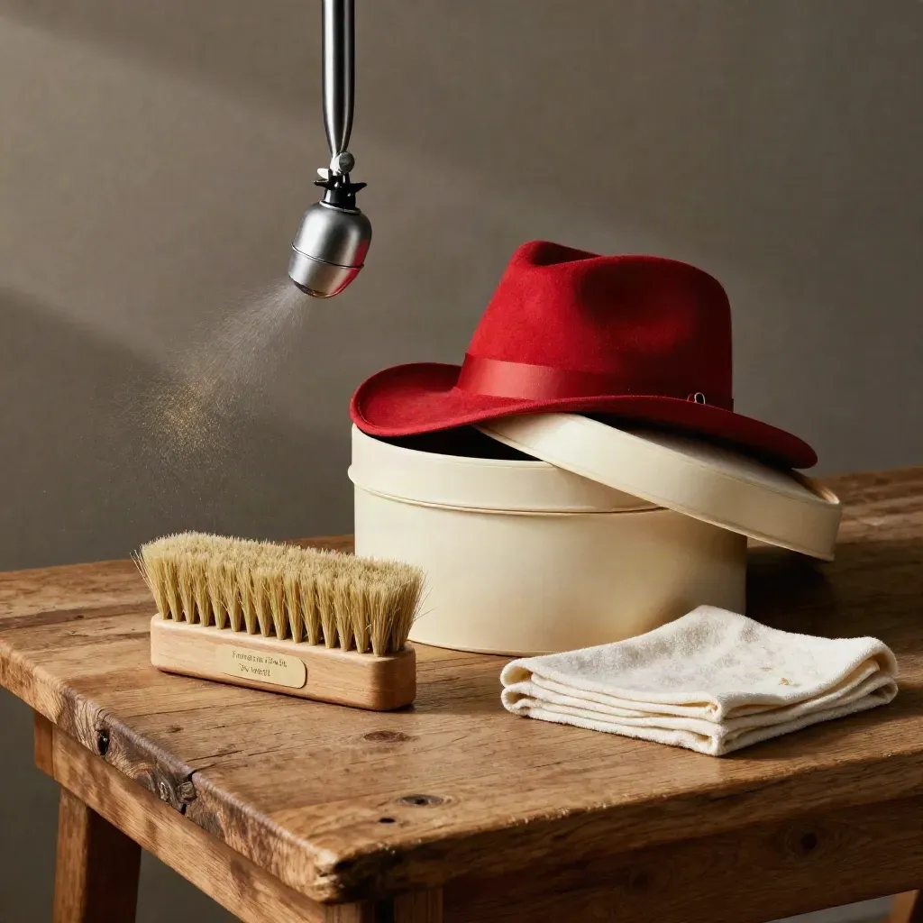 Spazzola, spruzzo e scatola per cura cappelli su banco d’atelier, in luce morbida.