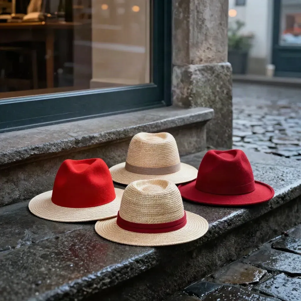 Tre cappelli rossi stagionali su gradini bagnati davanti a una vetrina antica nella foschia serale.