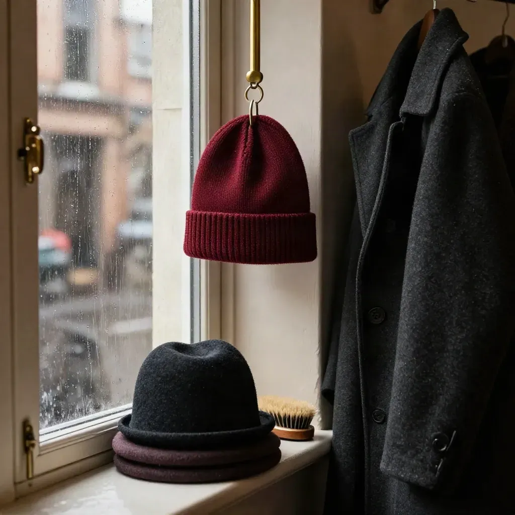 Berretto rosso scuro appeso vicino a vetro bagnato e cappotto di lana