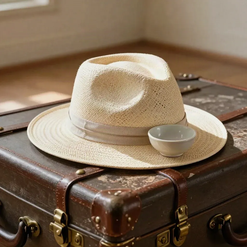 Cappello di paglia crema su baule da viaggio, con ciotola in ceramica in una stanza luminosa.
