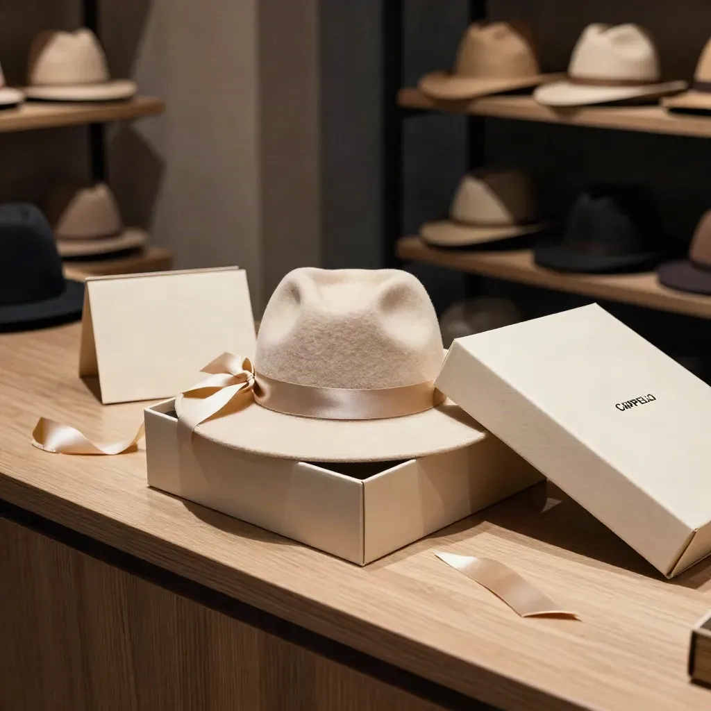 Scatola regalo con cappello, velina e nastro su tavolo di legno, luce calda da boutique.