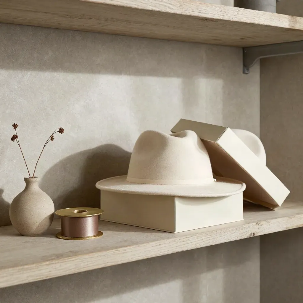 Scatola aperta con cappello in feltro, nastro neutro e stelo secco su mensola chiara.
