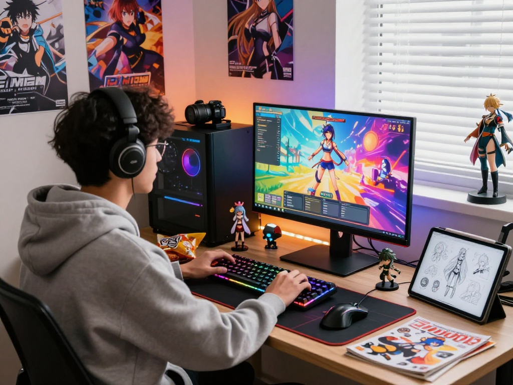 Engaged gamer developing a colorful hentai game in a vibrant studio.